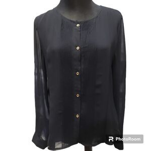 Calvin Klein women black lined w see thru sleeves pintuck back blouse sz S
